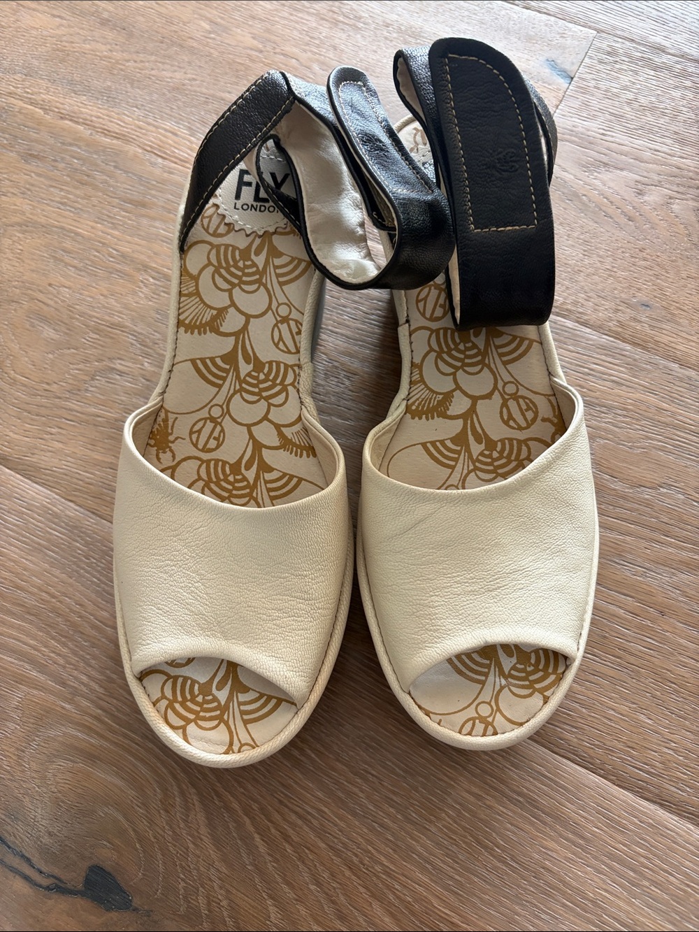 Fly London Yula Cream Open-Toe Sandals with Black Ankle Strap